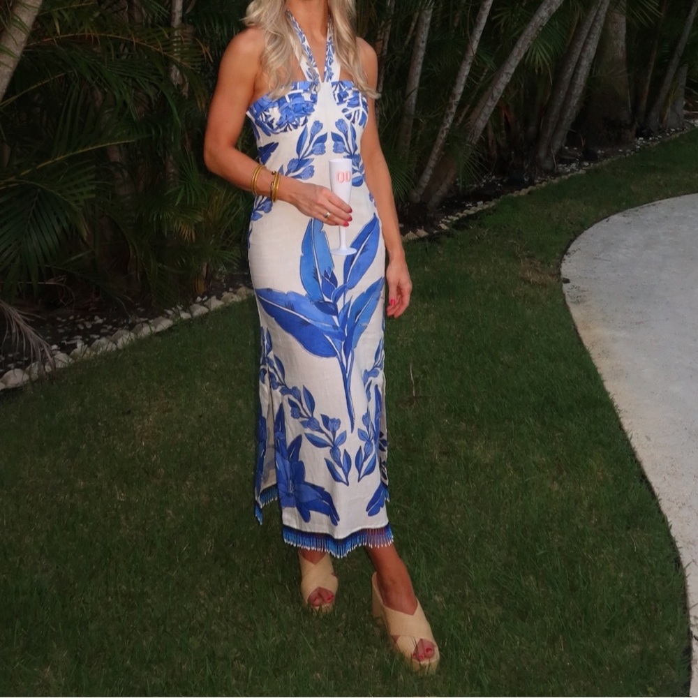 Farm Rio Off-White Blue Yard Sleeveless Maxi Dress